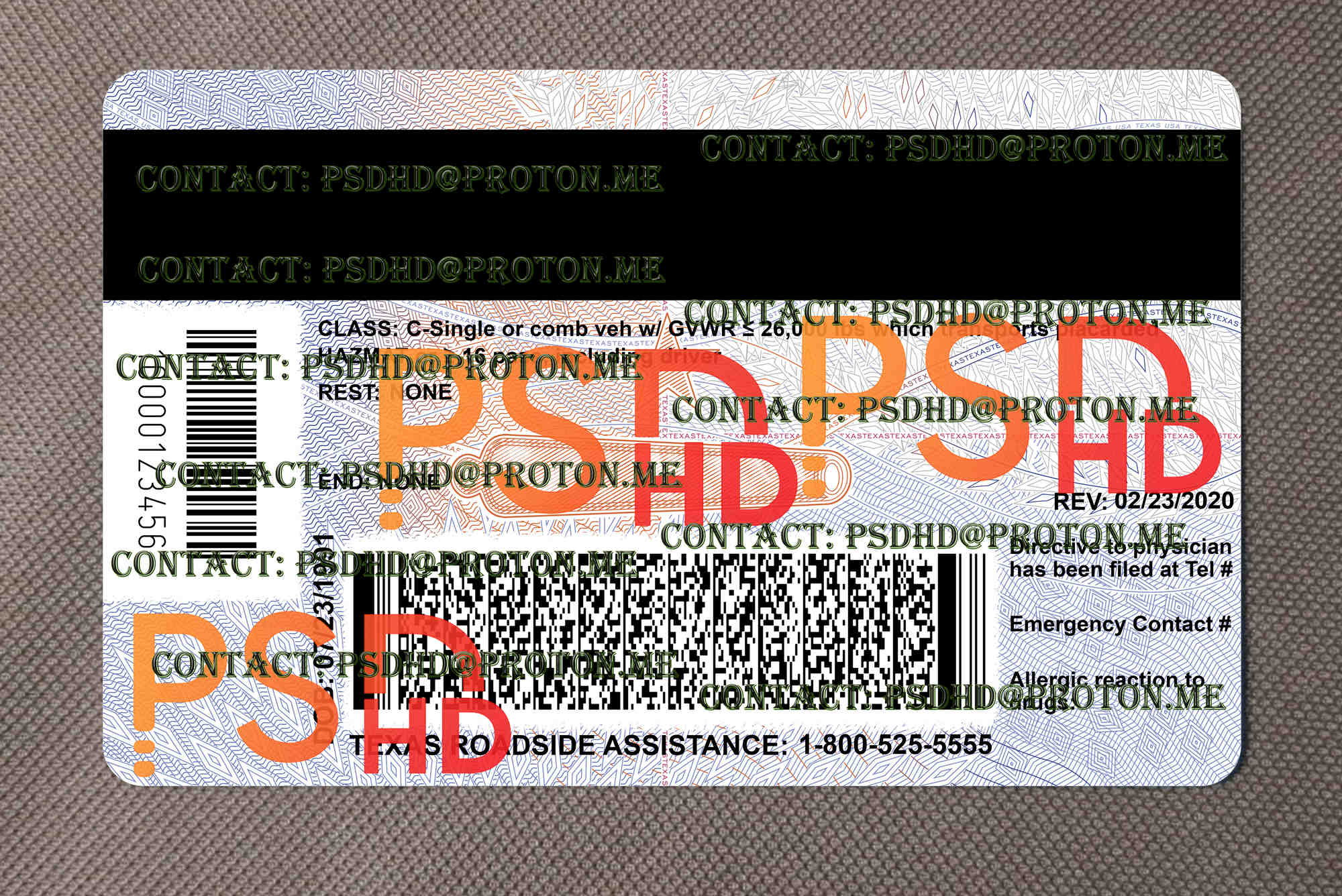Fake Texas Driver License – UV Security Design PSD 2400 DPI back of texas driver license